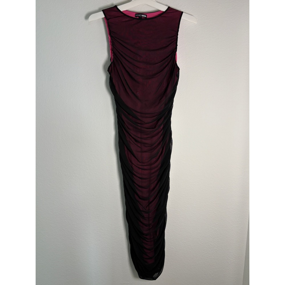 Fashion Nova Pink Black Mesh Ruched Bodycon Sleeveless Midi Dress Womens Small